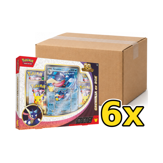 Illustrative brown carton with Greninja ex retail box in front and yellow 6x