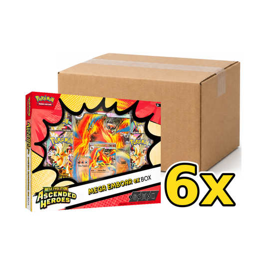 Illustrative brown carton with Mega Emboar ex box front-left and yellow 6x bottom-right