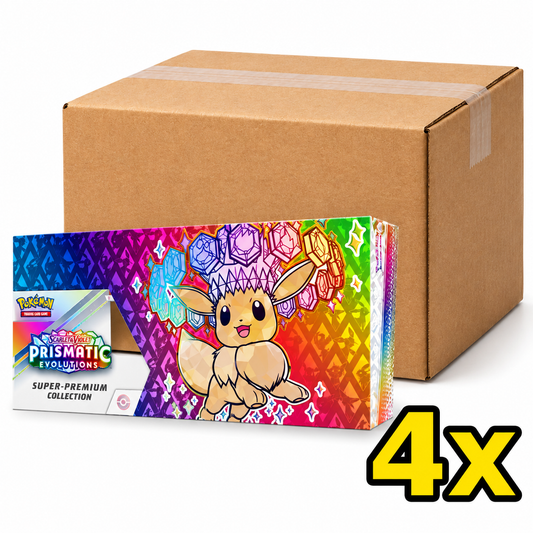 Prismatic Evolutions Super-Premium Collection sealed case containing 4 boxes