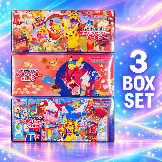 Tohoku, Hiroshima and Fukuoka Pokémon Center three-box set with colourful sparkling background