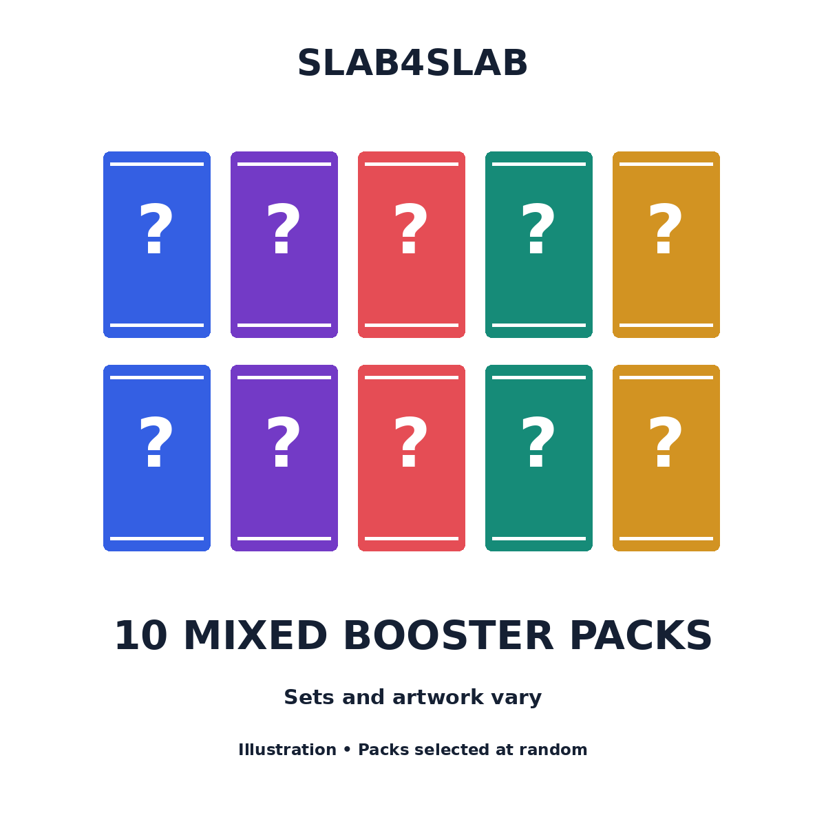 Ten mixed booster packs — illustrative artwork; contents vary