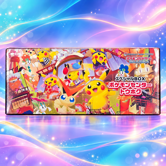 Pokémon Center Tohoku Special Box with colourful blue pink and lavender background