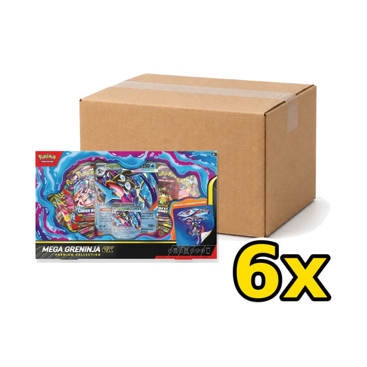 Pokémon Mega Greninja ex Premium Collection sealed case of 6, carton and retail box