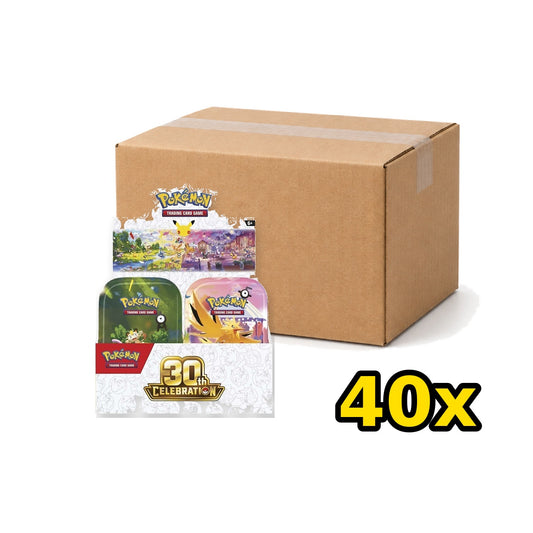 Pokémon 30th Anniversary Tins sealed case of 40, carton and representative tin display